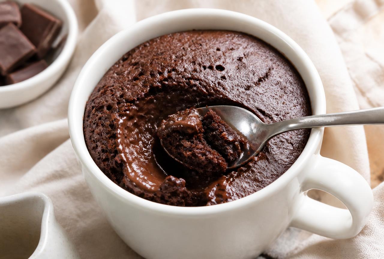 Mug cake al cacao con cuore morbido