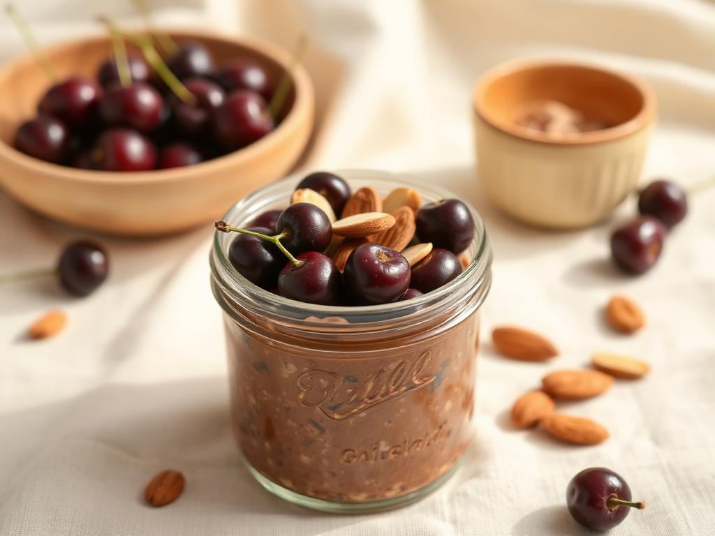 Overnight oats cacao, ciliegie e mandorle