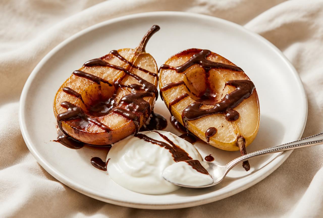 Pera calda con yogurt e cioccolato fondente